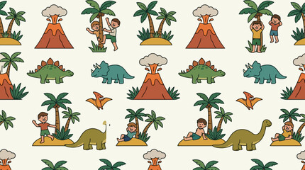 Seamless pattern with cute dinosaurs volcanoes and prehistoric jungle explorers. © zxnakwkwown