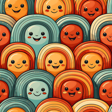 seamless pattern with adorable cartoon retro rainbows and classic smiley faces