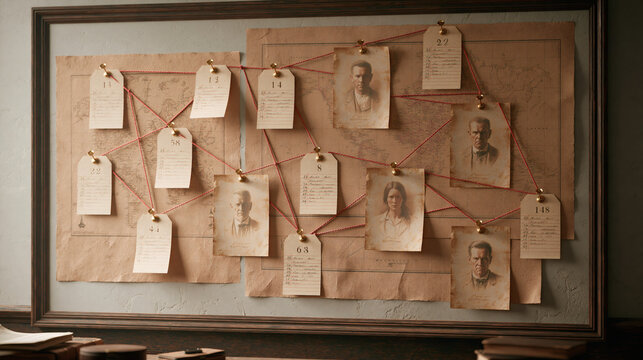 A detective investigation board displays vintage portrait photographs and handwritten notes connected by red string on a large map to track suspects and solve a mysterious crime case