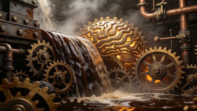 Steampunk mechanical brain surrounded by copper gears, pipes, and rushing dark liquid under steam