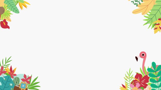 Tropical leaves and flamingo vector border template on white background