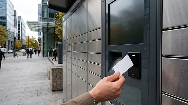 A person using a white blank access card to open a parcel locker on a city street.