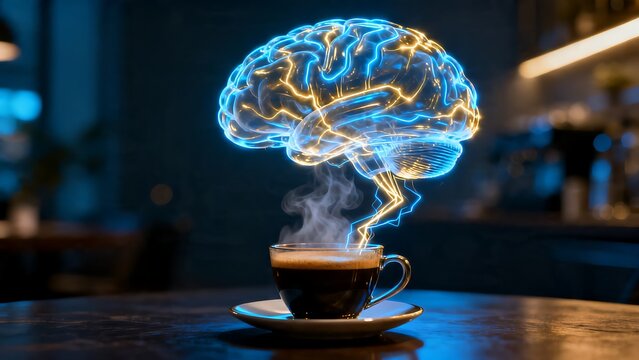 Glowing brain rising from a hot cup of coffee representing cognitive boost and mental energy