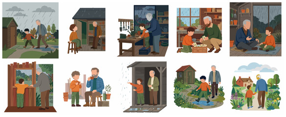 Obraz premium Grandfather and Grandson Bonding and Gardening in a Shed on a Rainy Day Illustration Set