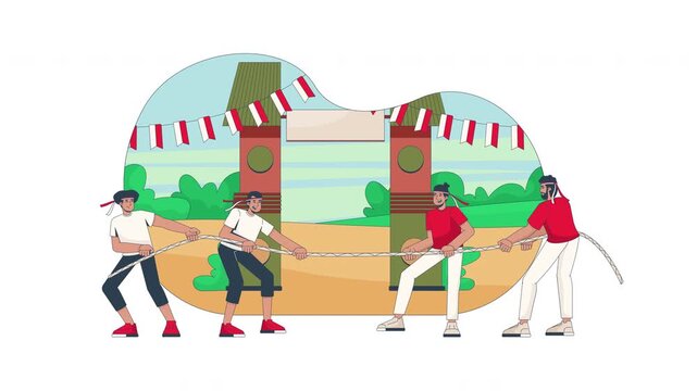 Traditional tug of war competition during Indonesian Independence Day cartoon animation. Village festival. Teams pulling rope animated flat 2D characters 4K video isolated on transparent background