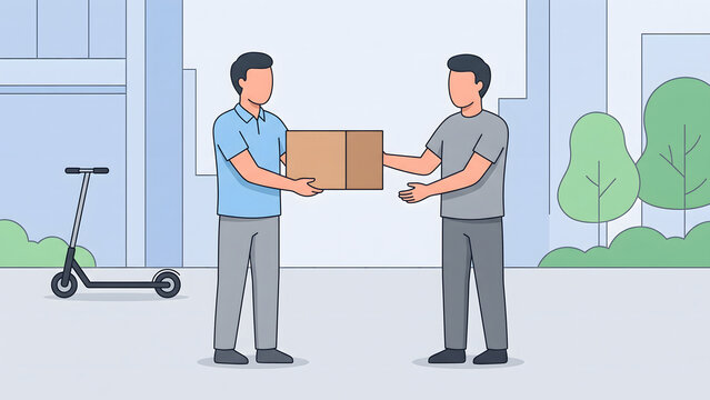 Courier Delivering Package to Customer with Electric Scooter Vector