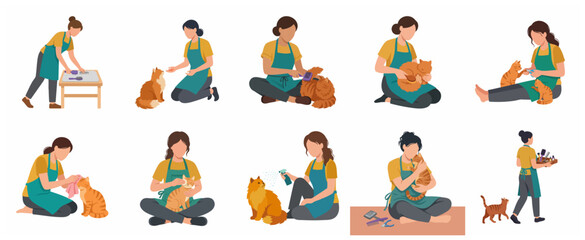 Fototapeta premium Set of professional cat grooming service illustrations featuring a female groomer and orange cats