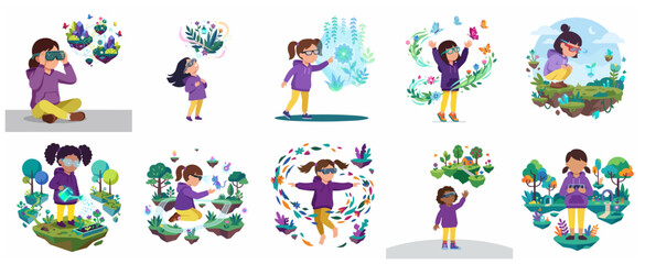 Fototapeta premium Set of flat vector illustrations depicting a young girl experiencing virtual reality, exploring digital nature, gardening in the metaverse, and wearing a VR headset.