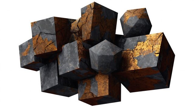 Abstract composition with cubes and dodecahedron featuring a cracked, rusty texture on a clean white background.