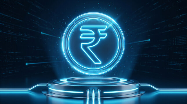 Digital Indian Rupee Symbol with Futuristic Technology and Financial Data Flow Background