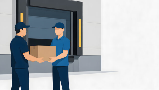 Two Delivery Workers Handing Over Package at Loading Bay Vector