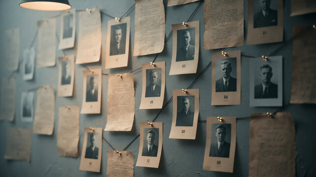 A detective investigation wall with many vintage photographs of people and documents pinned together with string to show connections for solving a crime case