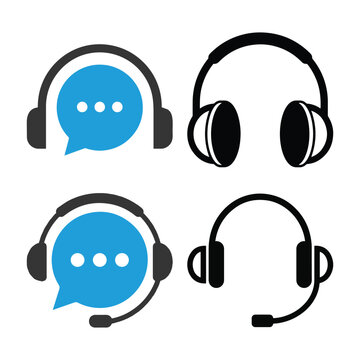 Set of customer support icons featuring headphones and speech bubbles representing communication assistance and help desk services for business websites