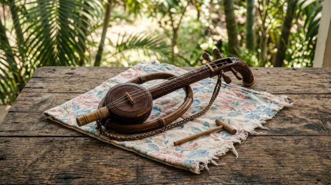 Wooden traditional stringed musical instrument with decorative carvings resting on vintage floral fabric on rustic table.
