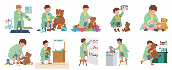 Fototapeta premium Little Boy Playing Doctor with Teddy Bear Illustration Set, Child Roleplaying as a Pediatrician in Lab Coat Vector Graphics
