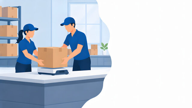 Warehouse Workers Weighing Package on Digital Scale Vector