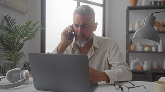 Man talking on phone with hand raised at desk near window while using laptop in a building office; work stress.
