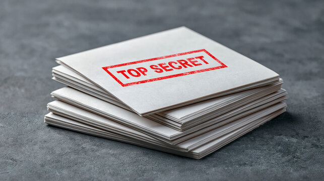A stack of white paper envelopes lies on a dark gray textured surface with a red stamp reading top secret on the top envelope