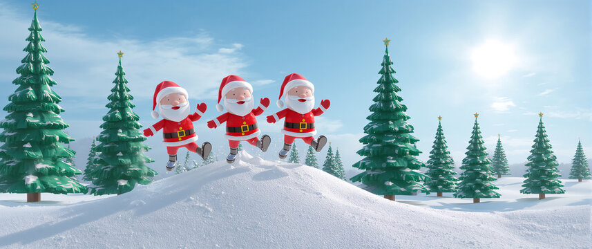 Funny cartoon playful Santa Clauses in the forest in winter