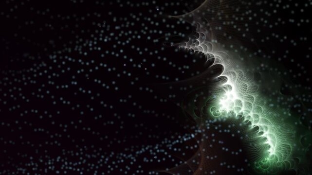 A mesmerizing digital artwork featuring an intricate, luminous shape composed of glowing filaments and crystalline structures