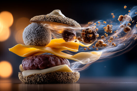 Exploding Gourmet Burger With Floating Ingredients And Cinematic Lighting On Dark Blurred Background