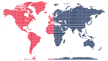 Fototapeta premium Red and navy blue dotted world map - duotone halftone earth vector with contrasting western and eastern hemispheres for business and infographic design