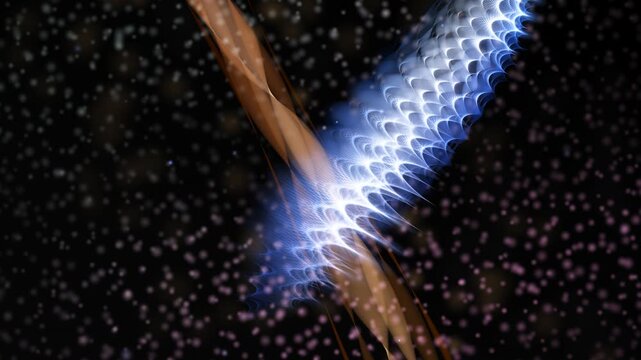 A mesmerizing, dynamic 3D render of a swirling ribbon-like form composed of intricate glowing blue and white light that flows continuously across a dark cosmic background