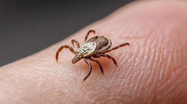 Macro of a tick on human skin, highlighting a parasitic bite, irritation, and the risk of disease transmission.