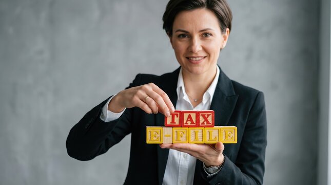 Professional woman demonstrating electronic tax filing process with colorful block letters with confident professional business against neutral backdrop