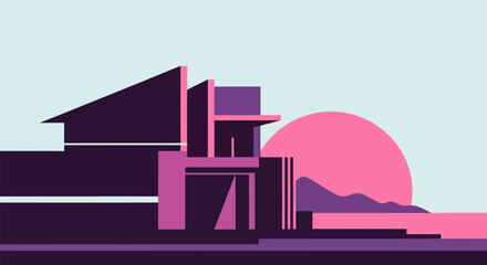Fototapeta premium Modern abstract architectural illustration with geometric shapes and colorful sunset