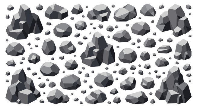 Gray stone and rock element set with low poly mineral boulder