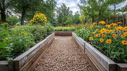 Obraz premium A stone path leads through a vibrant garden brimming with yellow and purple flowers bordered by raised wooden beds