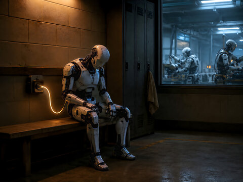 Humanoid robot resting on bench while charging in locker room, physical AI break concept