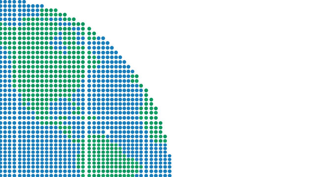 Blue and green dotted quarter globe in corner composition - pixel dot earth sphere vector with copy space for ecology environment and global sustainability design