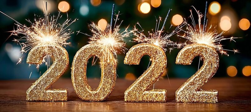 Glitzy Gold Number 2022 Glitter Decorations Sparkle With Festive Bokeh Background For New Year Date