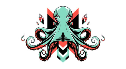 Stylized octopus illustration with geometric background and gemstones © Agustasptrr