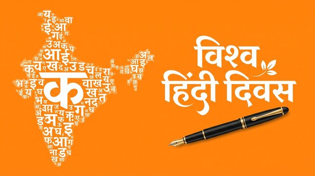 Conceptual Hindi Typography - Vishv Hindi Divas means World Hindi Day. Indian Map made of Hindi Alphabets. Editable Illustration of Pen.