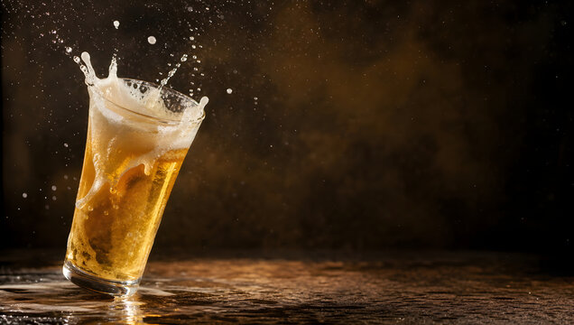 Cold Golden Lager Beer in a Frosted Glass on a Dark Bar Table with Rich Foam and Refreshing Pub Atmosphere
