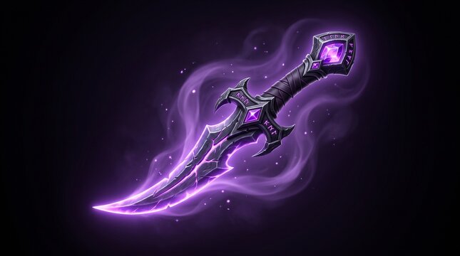 A sleek 3D fantasy game item icon featuring a shadow assassin curved dagger, glowing purple void energy