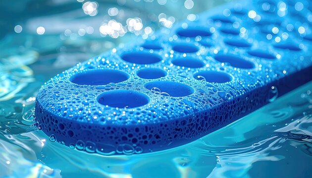 Blue textured mat with circular holes, floating on shimmering water