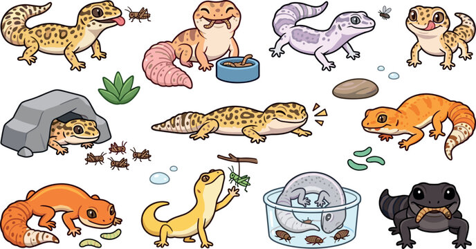 Cute Leopard Gecko Vector Character Collection Featuring Multiple Morph Colors Eating Worms Hiding in Cave and Shedding Skin for Exotic Pet Care Designs