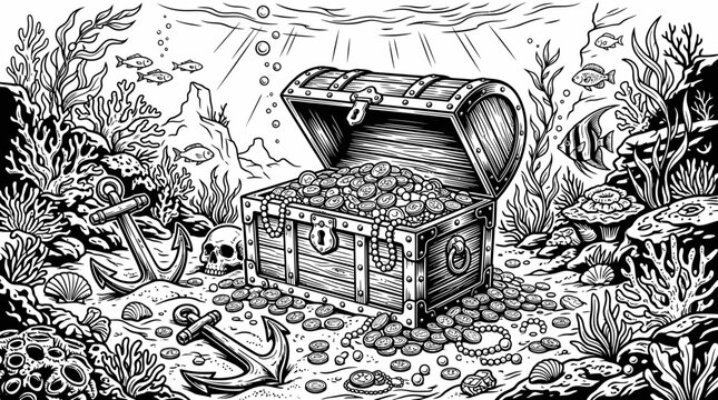 Underwater Treasure Chest Filled with Gold Coins and Jewels, Anchors, Skull, and Coral