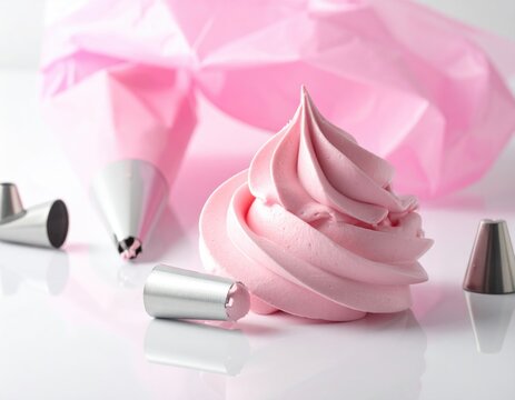 Pink meringue swirl with piping bag and metal tips