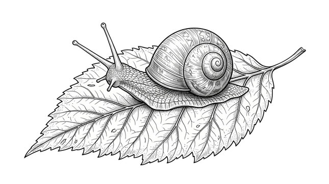 Vintage snail engraving on a leaf, detailed garden gastropod illustration, black and white botanical sketch of a mollusk for nature education isolated PNG with Transparent Background