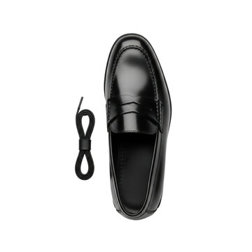 Pristine, deep black, highly polished genuine leather loafer with fine stitching and coiled shoelace, isolated on a seamless transparent studio with high-key lighting, concept of luxury footwear