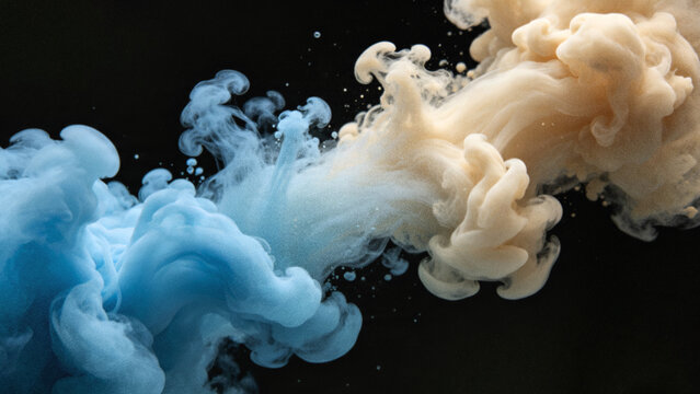 Abstract 3D fluid simulation background with grainy holographic blue and cream ink smoke swirling in water over a minimalist dark black backdrop.