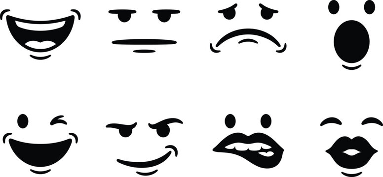 Set of facial expressions and emojis silhouettes showing happy sad shocked winking and biting lip vector illustration