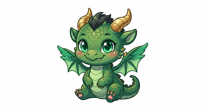 Cute Baby Green Dragon Illustration with Gold Horns and Big Eyes on White Background