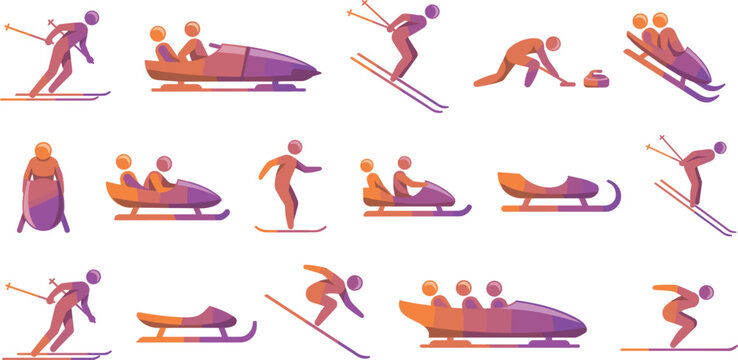 Winter Sports Icon Set with Skiing Bobsled Luge Curling Snowboarding and Figure Skating Gradient Vector Illustration Collection