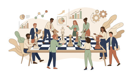 Fototapeta premium Business Strategy Meeting: People Playing Chess, Analyzing Data, and Planning Growth